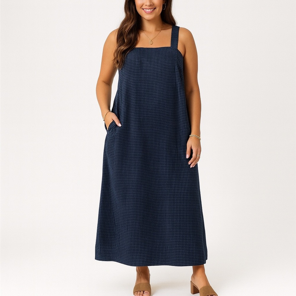MOTHERHOOD Navy Gingham Maxi Dress Jumper Square Neck Sleeveless‎ Women's Size M